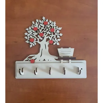 Věšák Věšák na klíče, věšák na utěrky Strom s lavičkou a jabkama Dřevěné háčky Přírodní dřevo ( bez nátěru )