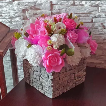 umělá květina Mýdlová kytice - Ružová v čtvercovém květináči