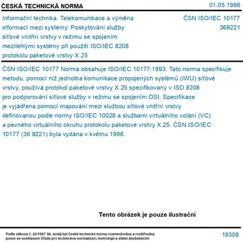 ČSN ISO/IEC 10177 - Informační technika. Telekomunikace a výměna informací mezi systémy. Poskytování služby síťové vnitřní vrstvy v režimu se spojením mezilehlými systémy při použití ISO/IEC 8208 protokolu paketové vrstvy X.25 - Tisk