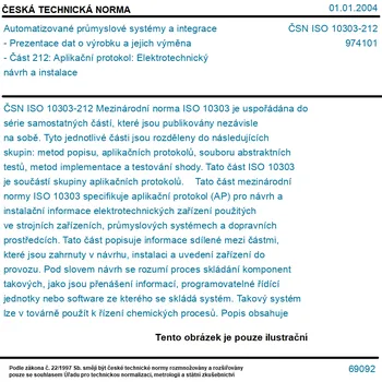 ČSN ISO 10303-212 - Automatizované průmyslové systémy a integrace - Prezentace dat o výrobku a jejich výměna - Část 212: Aplikační protokol: Elektrotechnický návrh a instalace - Tisk