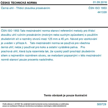 ČSN ISO 1953 - Černá uhlí - Třídicí zkouška proséváním - Tisk