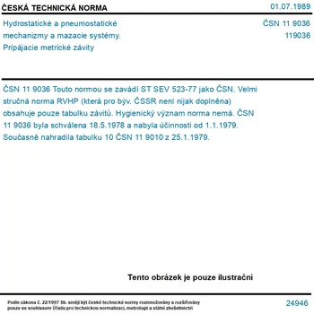 ČSN 11 9036 - Hydrostatické a pneumostatické mechanizmy a mazacie systémy. Pripájacie metrické závity - Tisk