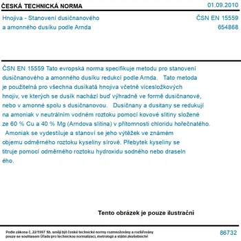 ČSN EN 15559 - Hnojiva - Stanovení dusičnanového a amonného dusíku podle Arnda - Tisk