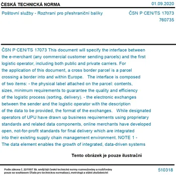Poštovní schránka ČSN P CEN/TS 17073 - Poštovní služby - Rozhraní pro přeshraniční balíky - Tisk