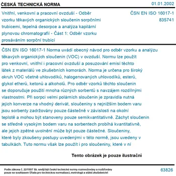ČSN EN ISO 16017-1 - Vnitřní, venkovní a pracovní ovzduší - Odběr vzorku těkavých organických sloučenin sorpčními trubicemi, tepelná desorpce a analýza kapilární plynovou chromatografií - Část 1: Odběr vzorku prosáváním sorpční trubicí - Tisk