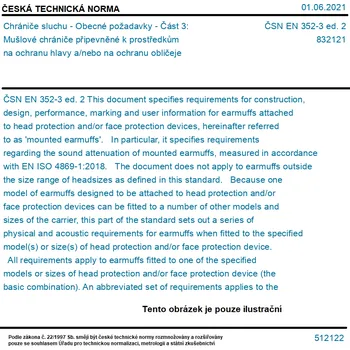 ČSN EN 352-3 ed. 2 - Chrániče sluchu - Obecné požadavky - Část 3: Mušlové chrániče připevněné k prostředkům na ochranu hlavy a/nebo na ochranu obličeje - Tisk