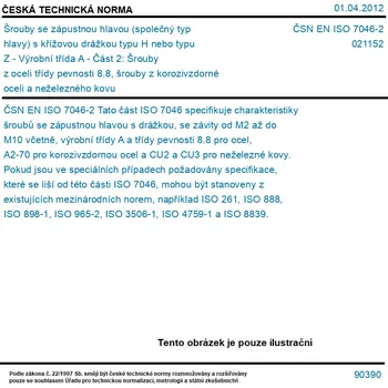 Šroub ČSN EN ISO 7046-2 - Šrouby se zápustnou hlavou (společný typ hlavy) s křížovou drážkou typu H nebo typu Z - Výrobní třída A - Část 2: Šrouby z oceli třídy pevnosti 8.8, šrouby z korozivzdorné oceli a neželezného kovu - Tisk