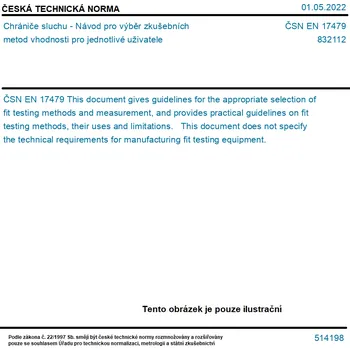 ČSN EN 17479 - Chrániče sluchu - Návod pro výběr zkušebních metod vhodnosti pro jednotlivé uživatele - Tisk