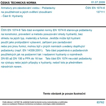 ČSN EN 1074-6 - Armatury pro zásobování vodou - Požadavky na použitelnost a jejich ověření zkouškami - Část 6: Hydranty - Tisk