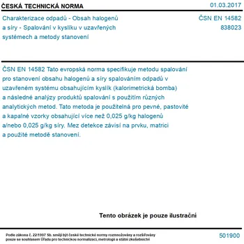 ČSN EN 14582 - Charakterizace odpadů - Obsah halogenů a síry - Spalování v kyslíku v uzavřených systémech a metody stanovení - Tisk