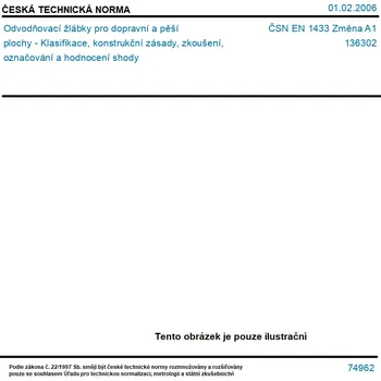 ČSN EN 1433 Změna A1 - Odvodňovací žlábky pro dopravní a pěší plochy - Klasifikace, konstrukční zásady, zkoušení, označování a hodnocení shody - Tisk