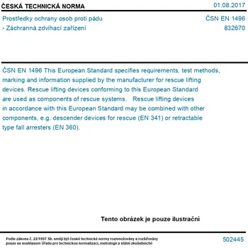 ČSN EN 1496 - Prostředky ochrany osob proti pádu - Záchranná zdvihací zařízení - Tisk