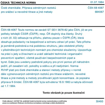 ČSN 68 4067 - Čisté chemikálie. Příprava odměrných roztoků pro srážecí a nevodné titrace a jiné metody - Tisk