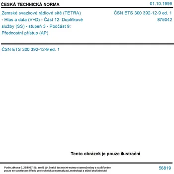 ČSN ETS 300 392-12-9 ed. 1 - Zemské svazkové rádiové sítě (TETRA) - Hlas a data (V+D) - Část 12: Doplňkové služby (SS) - stupeň 3 - Podčást 9: Přednostní přístup (AP) - Tisk