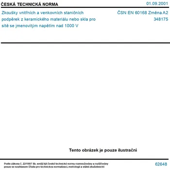 ČSN EN 60168 Změna A2 - Zkoušky vnitřních a venkovních staničních podpěrek z keramického materiálu nebo skla pro sítě se jmenovitým napětím nad 1000 V - Tisk
