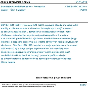 ČSN EN ISO 16231-1 - Samojízdné zemědělské stroje - Posuzování stability - Část 1: Zásady - Tisk