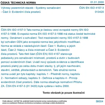 ČSN EN ISO 4157-3 - Výkresy pozemních staveb - Systémy označování - Část 3: Evidenční čísla prostorů - Tisk