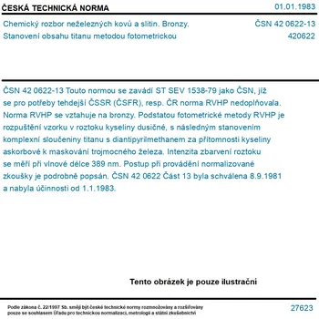 ČSN 42 0622-13 - Chemický rozbor neželezných kovů a slitin. Bronzy. Stanovení obsahu titanu metodou fotometrickou - Tisk