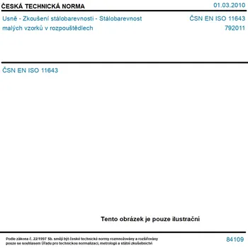 ČSN EN ISO 11643 - Usně - Zkoušení stálobarevnosti - Stálobarevnost malých vzorků v rozpouštědlech - Tisk