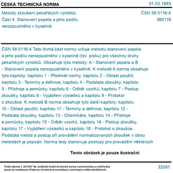 ČSN 56 0116-4 - Metody zkoušení pekařských výrobků. Část 4: Stanovení popela a jeho podílu nerozpustného v kyselině - Tisk