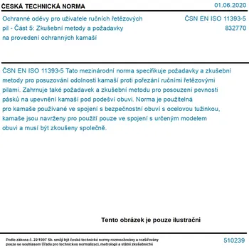 ČSN EN ISO 11393-5 - Ochranné oděvy pro uživatele ručních řetězových pil - Část 5: Zkušební metody a požadavky na provedení ochranných kamaší - Tisk