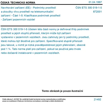 ČSN ETS 300 019-1-5 - Navrhování zařízení (EE) - Podmínky prostředí a zkoušky vlivu prostředí na telekomunikační zařízení - Část 1-5: Klasifikace podmínek prostředí - Zařízení pozemních vozidel - Tisk
