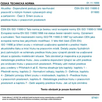 ČSN EN ISO 11690-3 - Akustika - Doporučené postupy pro navrhování pracovišť s nízkým hlukem vybavených stroji a zařízeními - Část 3: Šíření zvuku a predikce hluku v pracovních prostorech - Tisk