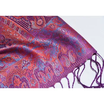 Šála Hedvábná šála Jamawar malá - fialová s ornamenty