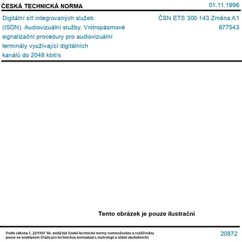 ČSN ETS 300 143 Změna A1 - Digitální síť integrovaných služeb (ISDN). Audiovizuální služby. Vnitropásmové signalizační procedury pro audiovizuální terminály využívající digitálních kanálů do 2048 kbit/s - Tisk