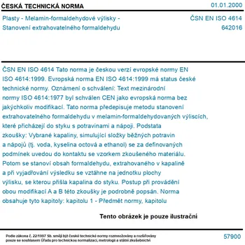 ČSN EN ISO 4614 - Plasty - Melamin-formaldehydové výlisky - Stanovení extrahovatelného formaldehydu - Tisk