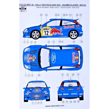 Plastikový model Reji model 1/18 Decal Ford Focus WRC Rally Deutschland 2001