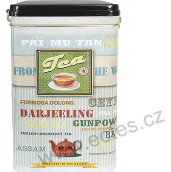 Dóza na potraviny ChaCult JAMES TEA hermetická plechová dóza s klipem na čaj 291 červená konvička a nápisy čajů