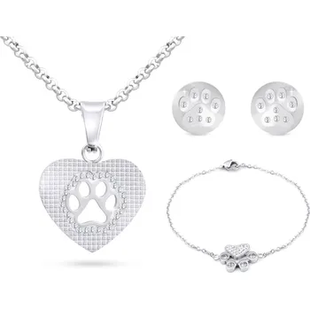 Souprava šperků biju Set z chirurgické oceli tlapka v srdci, řetízek + náušnice + náramek se zirkony 199