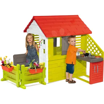 Hra na zahradu Domeček s kuchyňkou Nature Smoby 3 okna 2 žaluzie s okenicí se zvonkem a zahrádkou od 24 měsíců