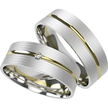 Prsten Primossa Matné snubní prsteny s drážkou a zirkonem Primossa, bílé a žluté zlato - vzor č. 383 Dámský prsten: 51 mm, Pánský prsten: 73mm