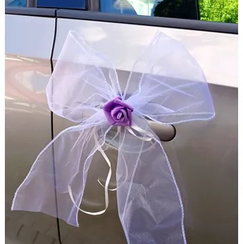 Svatební dekorace Mašlička dekorační bílá s růžičkou - 2ks - fialová