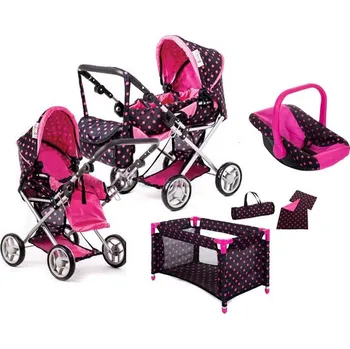 Kočárek pro panenku Doris Tobiland 9346 7v1 černý/růžový/puntíky