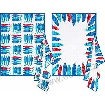 Utěrka Easy Life SARDINE'S PARTY bavlněné kuchyňské utěrky modré a červené rybičky 2 ks