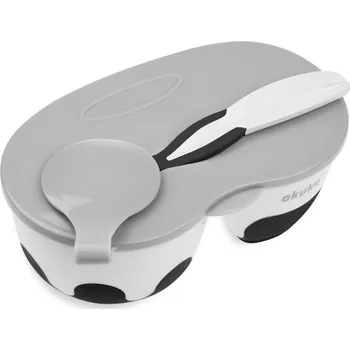 dětská miska Akuku Dětská dvoukomorová miska se lžičkou bílá/černá/šedá