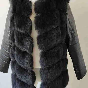 Dámská parka Kožešinová bunda chlupatá s koženými rukávy Barva: Černá, Velikost: 3XL