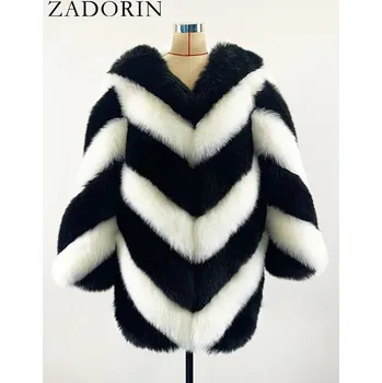 Dámská parka Dvoubarevný kožich dlouhý plyšový kabátek s pruhy Barva: Černo-Bílá, Velikost: M