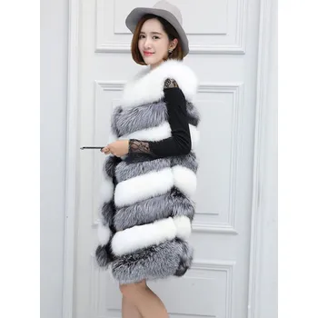 Dámská vesta Dlouhá vesta kožešinová vícebarevný kožich s pruhy Barva: Stříbrná, Velikost: XL