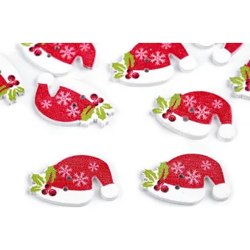 Knoflík Dřevěný dekorační knoflík vánoční cesmína, hvězda, čepice, barva 3 červená Santa