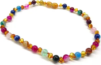 Náhrdelník Dětský korálkový náhrdelník medový jantar/mnohobarevný achát 32 cm