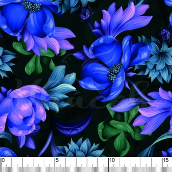 Zakázkový tisk, softshell, kočárkovina... Modré květy na tmavém podkladu Látky k tisku: Kočárkovina