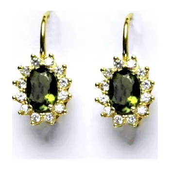 Drahý kámen Zlaté náušnice Kate, žluté i bílé zlato, přírodní vltavín, čiré zirkony, NK 1480