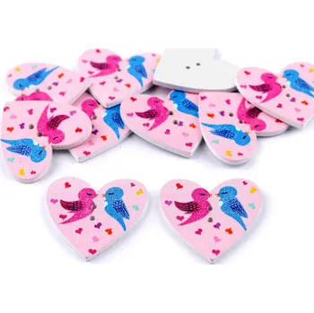 Knoflík Dřevěný dekorační knoflík srdce, barva 1 růžová sv.