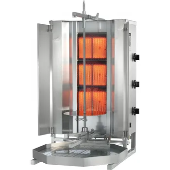 Kuchyňský gril Plynový gril na kebab/gyros, 3 topná pole, zátěž 40 kg, 10,5 kW, dolní pohon, 550x510x830 mm, nádoba na tuk 500x500 mm | POTIS, MU GD3/LPG