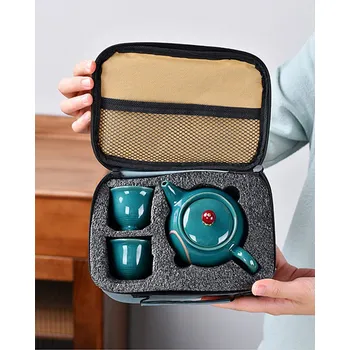 Konvice na čaj Cestovní Čínský čajový set - Zelená konvice s lotosem 1 + 2