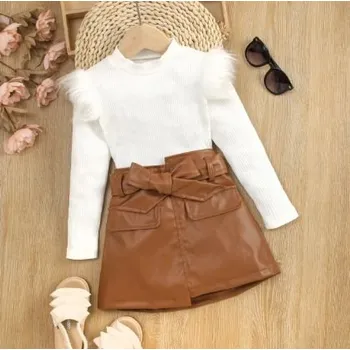 Čína Dívčí dvoudílný set - kožená sukně a pletený svetr Velikost: 80/1-2T